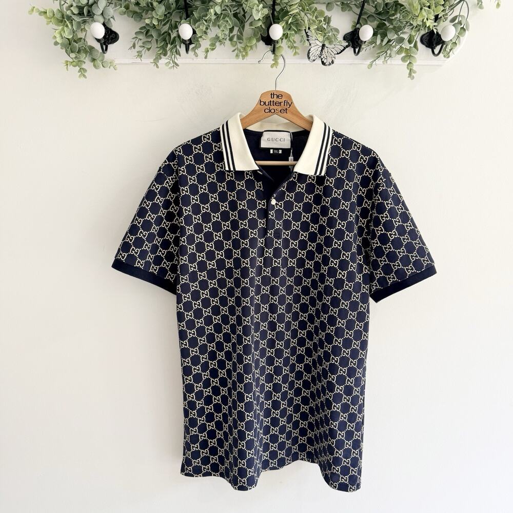 Gucci Mens GG cotton piquet jacquard polo shirt New Large Designer